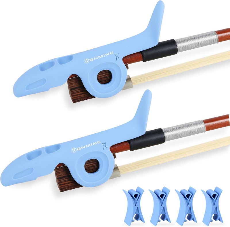 RANMING Violin Bow Holder for Practice–2Pcs Silicone Hand Position Corrector Non-Slip Teaching Tool for Beginners Students Improve Bow Grip & Posture Violin Teaching Aid With 4 Bow Stopper Blue - Image 1